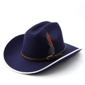 Detail view of navy wool cowboy hat with brown braided leather band and vibrant feather - Navy Blue with White Binding
