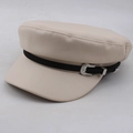 Fashionable beige faux leather newsboy hat with black strap and silver metal buckle - One Size 58cm / Beige Leather Belt Style