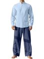 Light blue long sleeve Henley shirt and navy drawstring linen pants for men - Light Blue + Navy