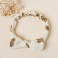 Detail of soft cream cotton baby headband with bow and cute brown bear prints - Bear Head Print