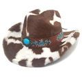 Close-up of cow print cowboy hat featuring blue floral embroidery and turquoise stone - M (56-58cm) / Straight Top / Coffee