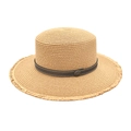 Classic wide-brimmed flat top straw panama hat with decorative brown leather band - M (56-58cm) / Khaki
