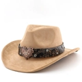 Camel faux suede cowboy hat featuring a black embossed belt and a large rhinestone heart buckle - M (56-58cm) / Camel