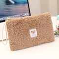 Brown teddy plush cosmetic bag with cute bear label and portable woven wrist strap - Khaki