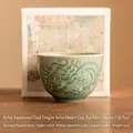 Taza de té cerámica celadón con relieve de dragón y elegante caja de regalo de lujo - Caja de regalo / Verde Turquesa