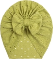 Detail of baby mustard turban hat with eyelet knit texture and large bow decoration - Green