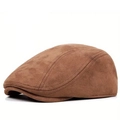 Classic brown faux suede newsboy flat cap for men and women with retro stitching details - Adjustable / Coffee
