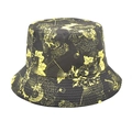 Detailed view of black fisherman hat featuring yellow fan patterns and stitching on the brim - Black