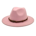 Detailed shot of pink wool fedora with brown leather band and bronze skull ornament - M (56-58cm) / Pink