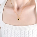 Vintage gold necklace with square black gemstone pendant on model in white sweater - Gold Black Glass Necklace-40+5cm