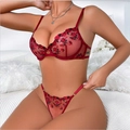 Détails de la broderie florale rouge sur ensemble de lingerie en maille avec armatures - S / Bordeaux