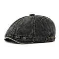 Retro gewassen denim newsboy pet in donkergrijs met vintage koperen gesp-detail - Eén Maat (55-60cm Verstelbaar) / Zwart