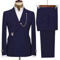Slim fit navy blue double-breasted suit with metal chain brooch and waist buckle - XXS / Navy Blue