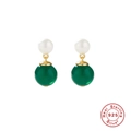 Detail of S925 sterling silver earrings with white pearl and green chalcedony stones - 925 Silver / Gold-Green