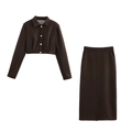 Completo elegante marrone scuro spigato con giacca corta e gonna longuette abbinata - XS / Castano