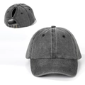 Casquette de baseball en coton lavé gris foncé avec ouverture queue de cheval et boucle - Réglable / Noir Lavé