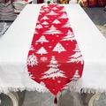 Camino de mesa navideño rojo con patrones de copos de nieve blancos y borlas - Estilo D