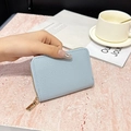 Tarjetero de cuero azul claro con grano de lichi y cremallera dorada mostrado en mano - 9 ranuras para tarjetas - Grano de lichi / Azul cielo