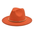 Detailed close-up of orange wool fedora hat featuring a textured gold metal band - M (56-58cm) / Orange