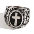 Vintage gothic cross ring for men with black enamel finish and silver dragon relief - Vintage Enamel Cross Black