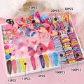 Colorful kids hair accessory set with rabbit ear ties, floral clips and mini claw clips - C130 (301PCS Boxed Set)