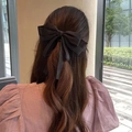 Elegant large black ribbon bow hair clip shown on model with long wavy brown hair - Black