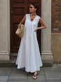 Elegante abito lungo bianco senza maniche in cotone con scollo a V e silhouette a trapezio - S / Bianco