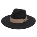 Close-up of classic black wide brim fedora hat with beige faux leather belt and silver buckle - Black