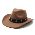 Brown wool felt western cowboy hat with black star-studded leather band and curved brim - M (56-58cm) / Khaki