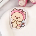 Cute cream acrylic bear badge featuring a blue backpack and a pink hat accessory - Schoolbag Bear
