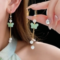 Elegant gold flower tassel earrings with green butterfly accents and pearls for women - Light Green Butterfly Elegant Tassel Style (57# Silver Earring Post - Gold-Green-White)