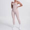 Conjunto de yoga beige nude para mujer con top de cuello en V y leggings de talle alto - XS / Rosa Porcelana