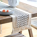 Beige cotton linen table runner with black geometric patterns and tassels on wood table - Style B Black - Standard Tassel / 30*50cm
