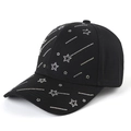 Black cotton baseball cap with silver rhinestone star pattern in a 45-degree side view - Black