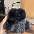 Cute black rabbit fur charm keychain accessory with a soft plush texture for bags - Black