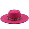 Detail of rose red wool felt flat top hat featuring a colorful ethnic woven band decoration - M (56-58cm) / Rose Red