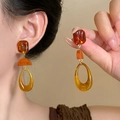 Bohemian amber resin earrings featuring geometric square and oval drop pendant design - 6# Silver Earring Post Coffee Square