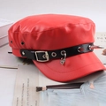 Chic red PU leather newsboy cap with black band and silver punk rivets on a magazine - Punk Studded Flat Top / Red