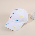 White cotton baseball cap with colorful dinosaur embroidery for kids, front view on beige background - One Size / White