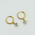Golden titanium steel hoop earrings featuring square light blue zircon pendants - Gold Light Blue Square Earrings