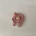 Pink plush baby earflap hat with brown pom-poms and yellow button closure - Cap circumference 40-48cm, suitable for 3-18 months / Pink