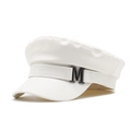 Detail of white PU leather military cap with a metallic M buckle and structured brim - Adjustable (54-60cm) / Metal M Decoration Style / White