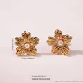 Golden flower earrings with white pearl center made of stainless steel for women - Flower Artificial Pearl Stud (FYD6072)