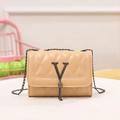 Chic beige quilted shoulder bag with V-shaped metal hardware and tassel detail - Khaki