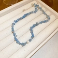 Blue natural stone beaded necklace featuring a white pearl pendant and silver chain - Blue Irregular Necklace(24#)