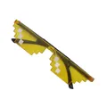 Close-up of bright yellow pixelated party sunglasses with black frames and step-cut design - Single Row Yellow