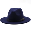 Macro detail of navy wool fedora hat featuring black leather band and gold metal buckle - M (56-58cm) / Navy Blue