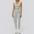 Two-piece light grey yoga set with white contrast trim and high waist leggings - S / Top And Bottom (Tank Top + Long Pants) / Clay Grey