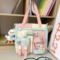 Cute canvas school backpack in pink, green, and beige with plush animal accessories - Single Shoulder Bag with Charms and Badges / Green