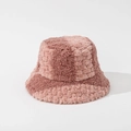 Close-up of plush bucket hat featuring pink and light brown faux fur patchwork texture - M (56-58cm) / Pink